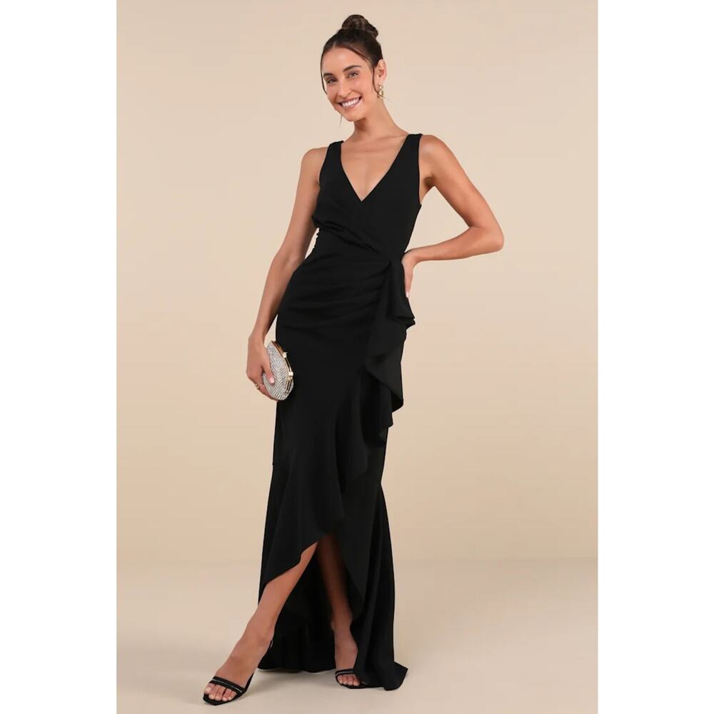 Lulus Pure Loveliness Black Pleated Ruffled High-Low Maxi Dress Large NWOT